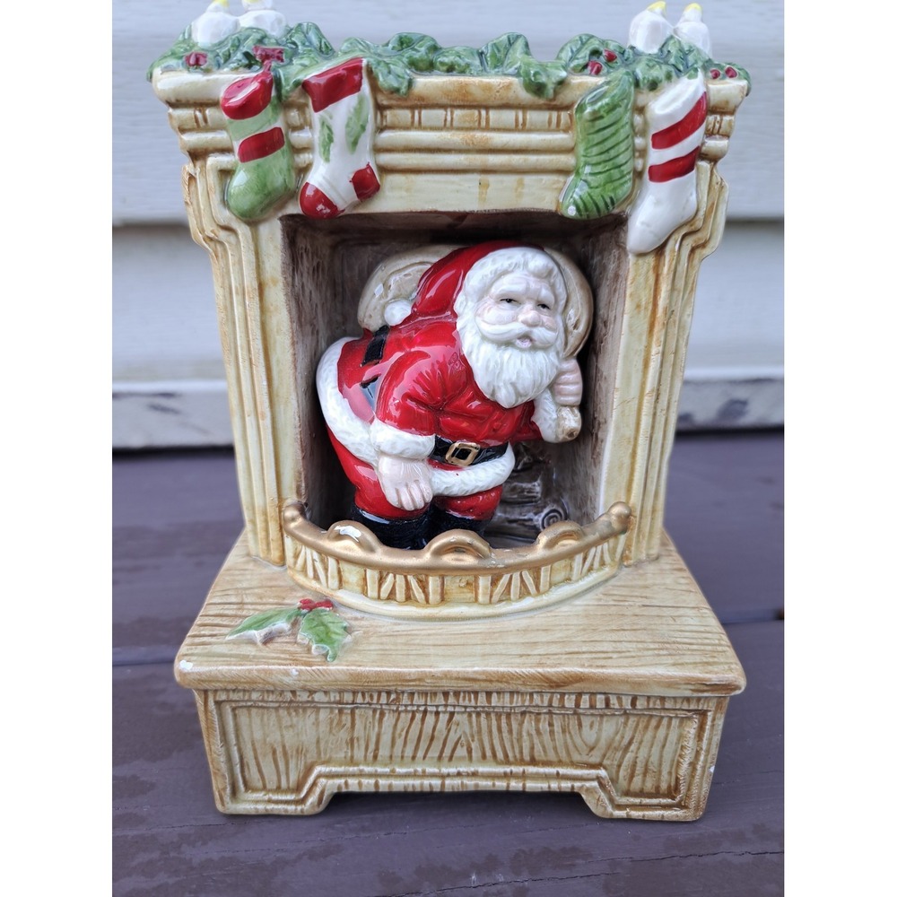 Christmas Musical Box Hand Painted Otagiri Japan Porcelain Santa In Chimney 1990
